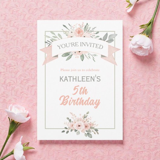 Invitation d'anniversaire Boho aquarelle pêche et