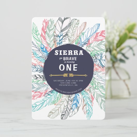 Invitation d'anniversaire Boho Brave Feather (Debout devant)