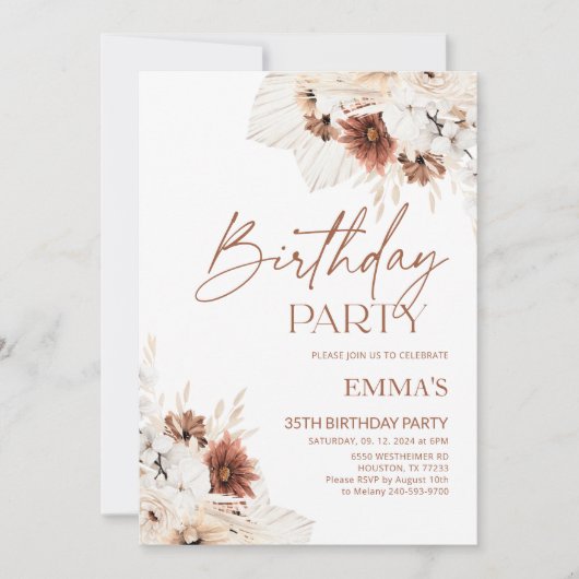 Invitation d'anniversaire Boho Pampas (Devant)