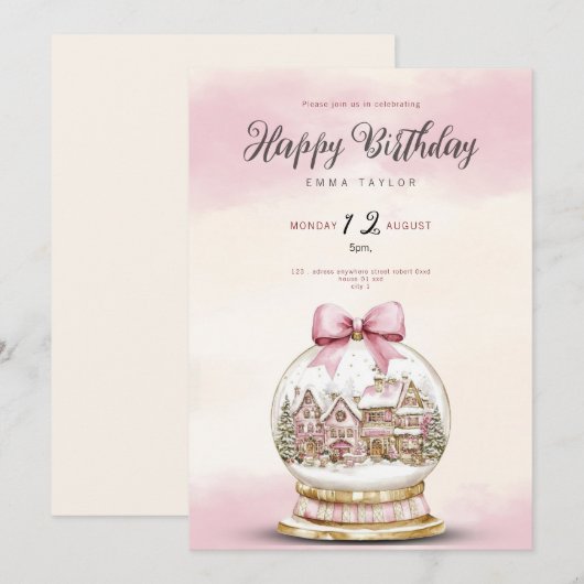 Invitation d'anniversaire boule de neige rose (Devant / Derrière)