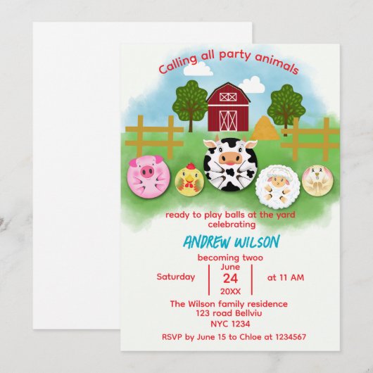 Invitation d'anniversaire Boules d'animaux de ferm (Devant / Derrière)