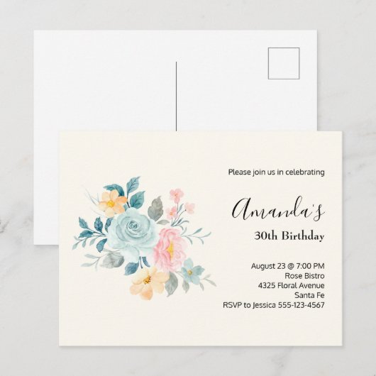 Invitation d'anniversaire Bouquet de fleurs rose e (Devant / Derrière)