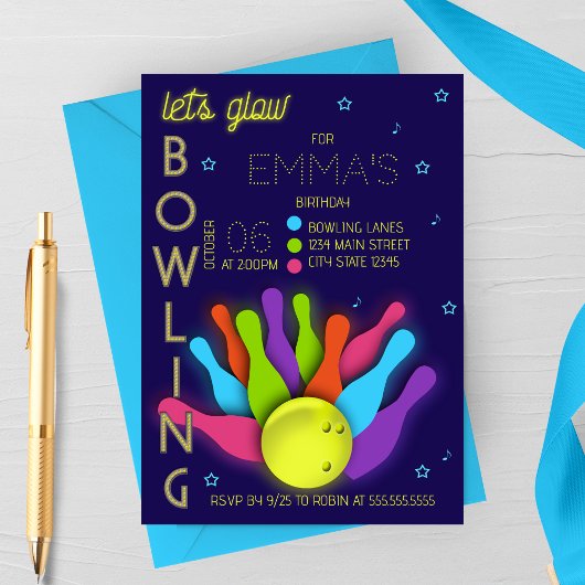Invitation d'anniversaire Bowling Néon Lumineux