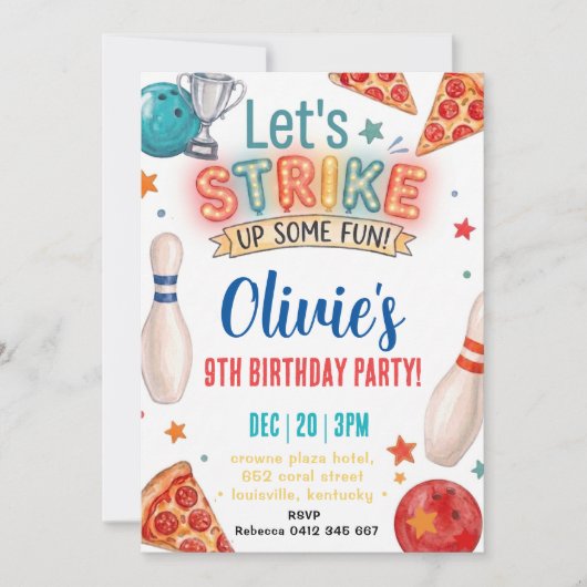 Invitation d'anniversaire Bowling Pizza (Devant)