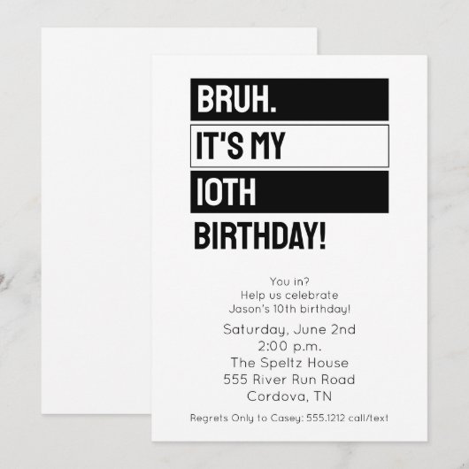 Invitation d'anniversaire bruh (Devant / Derrière)