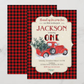 Invitation d'anniversaire BÛCHERON / Camion rouge (Devant / Derrière)