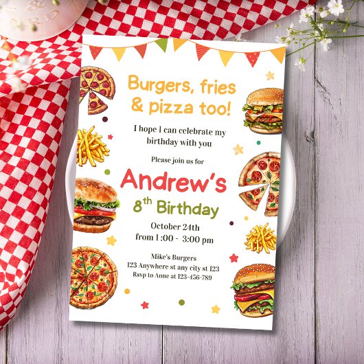 Invitation d'anniversaire Burger & Pizza pour les 