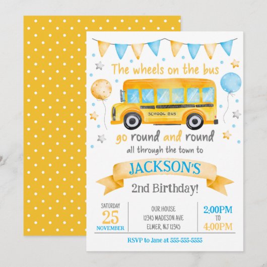 Invitation d'anniversaire Bus Scolaire / Les Roues (Devant / Derrière)