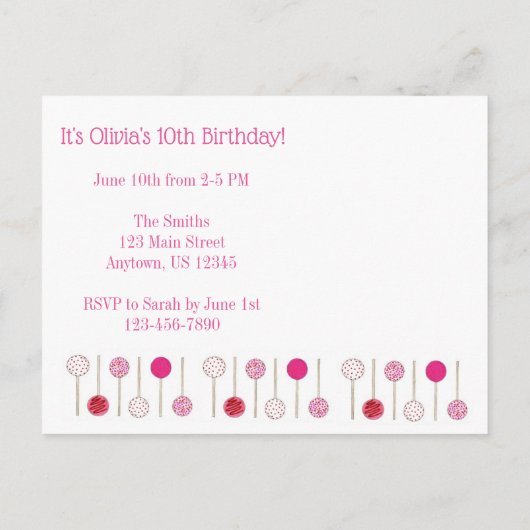 Invitation d'anniversaire Cake Pops Rose (Dos)