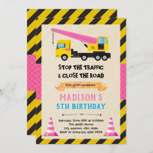 Invitation d'anniversaire camion à benne fille (Devant / Derrière)