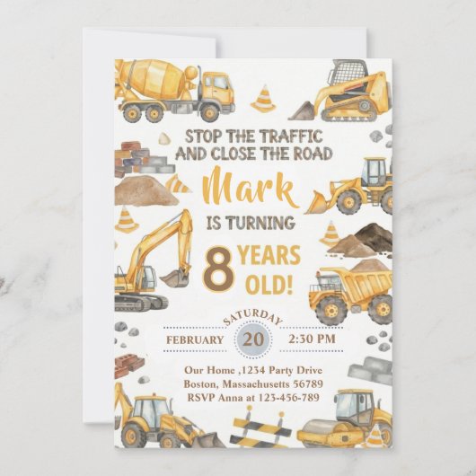 Invitation d'anniversaire camion de construction j (Devant)