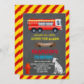 Invitation d'anniversaire camion de pompiers et da (Devant / Derrière)