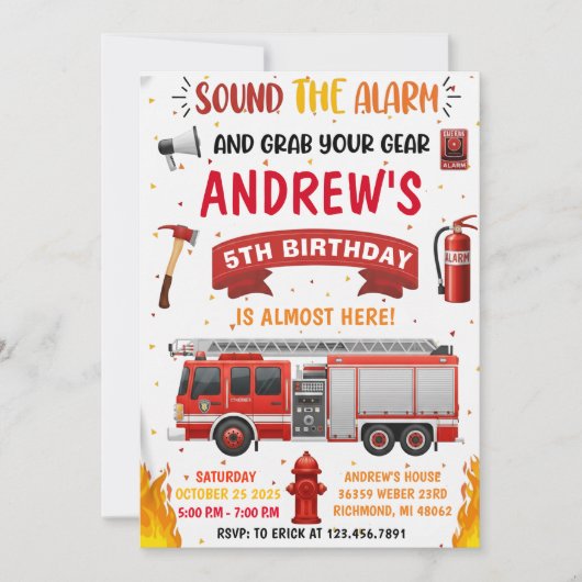 Invitation d'anniversaire camion de pompiers moder (Devant)
