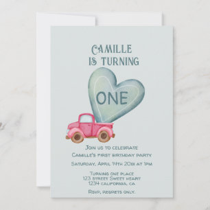 Invitation d'anniversaire camion rose & cœur