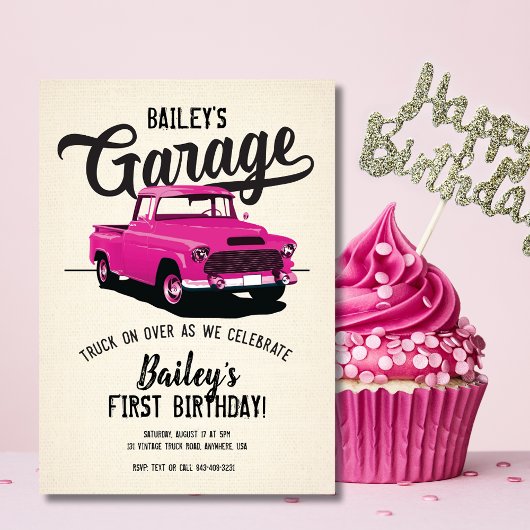 Invitation d'anniversaire camionnette vintage rose