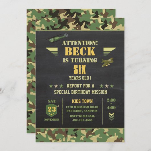 Invitation d'anniversaire Camouflag (Devant / Derrière)
