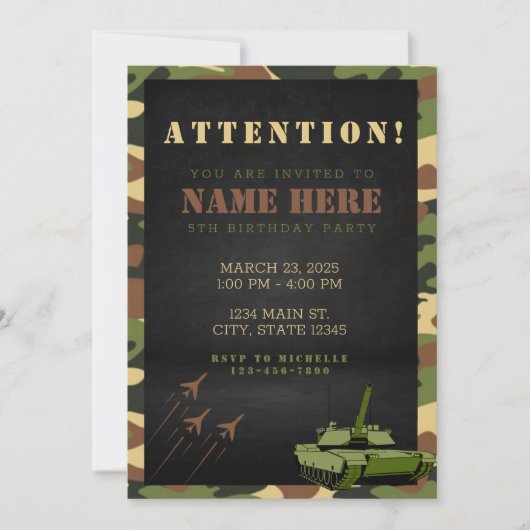 Invitation d'anniversaire camouflage de l'armée | (Devant)