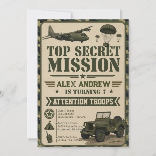 Invitation d'anniversaire camouflage militaire per (Devant)