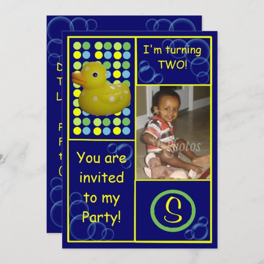 Invitation d'anniversaire - Canard bleu/jaune, pho (Devant / Derrière)