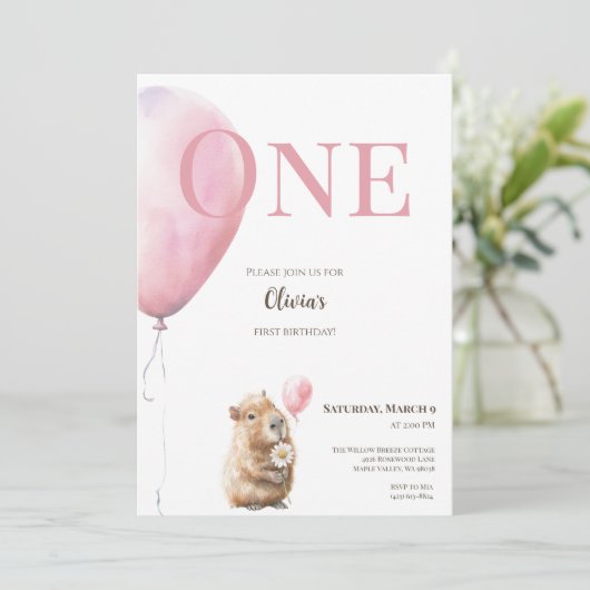 Invitation d'anniversaire Capybara • Ballon Rose (Debout devant)
