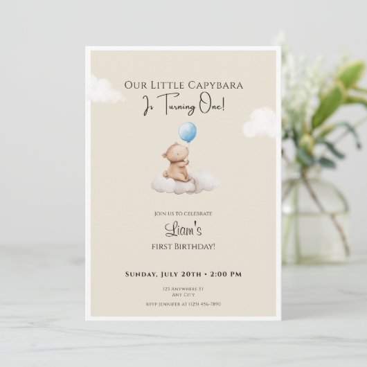 Invitation d'anniversaire Capybara Nuage et Ballon (Debout devant)
