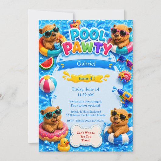 Invitation d'anniversaire Capybara Pool Party (Devant)
