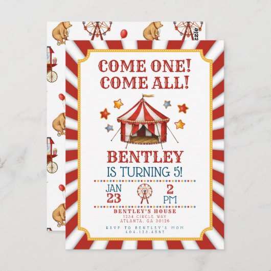 Invitation d'anniversaire Carnaval du Cirque (Devant / Derrière)