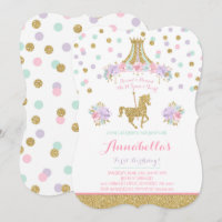 Invitation d'anniversaire Carousel Monnaie rose fl