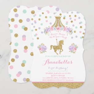 Invitation d'anniversaire Carousel Monnaie rose fl