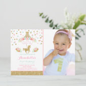 Invitation d'anniversaire Carousel Monnaie rose fl (Debout devant)