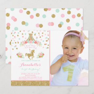 Invitation d'anniversaire Carousel Monnaie rose fl