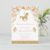 Invitation d'anniversaire Carousel Monnaie rose fl (Debout devant)