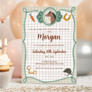 Invitation d'anniversaire carreaux Poney