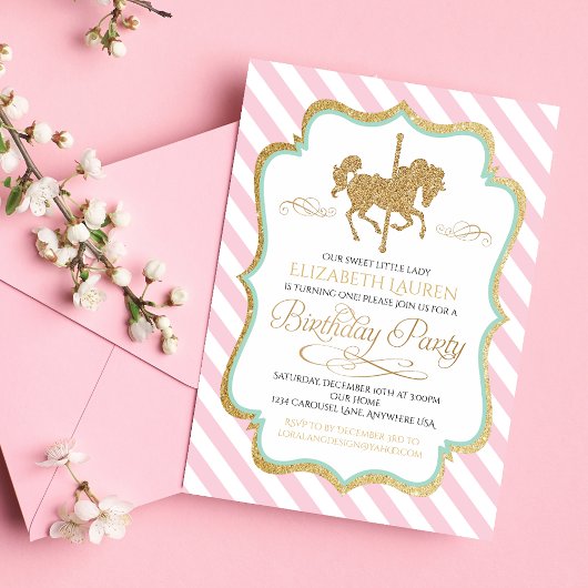 Invitation d'anniversaire carrousel rose menthe ve
