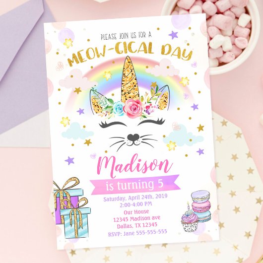 Invitation d'anniversaire Caticorne, Chat Licorne