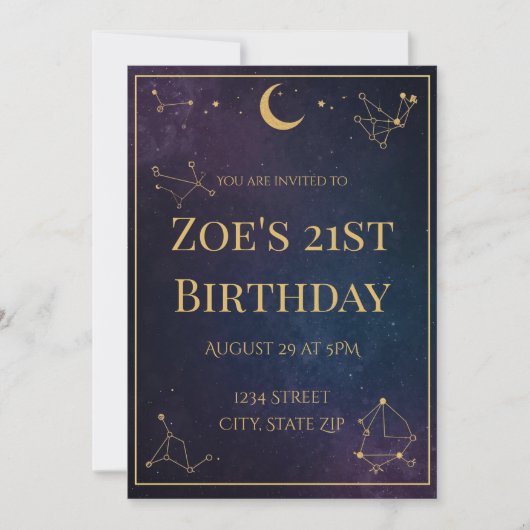 Invitation d'anniversaire céleste 21 ans | Étoiles (Devant)
