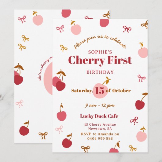 Invitation d'anniversaire cerise (Devant / Derrière)