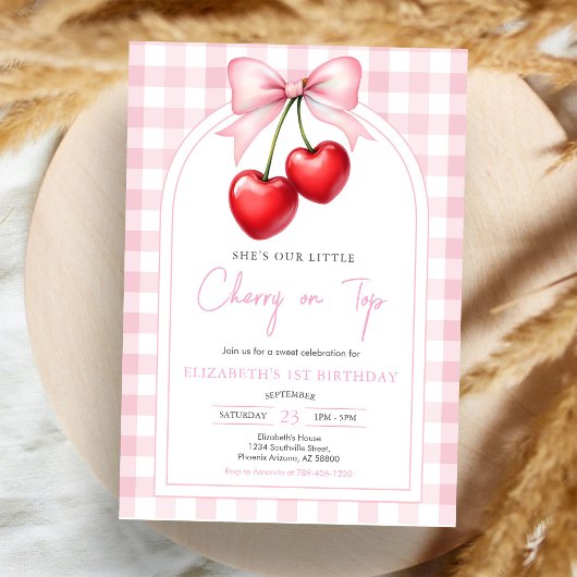 Invitation d'anniversaire Cerise à ruban rose Coqu