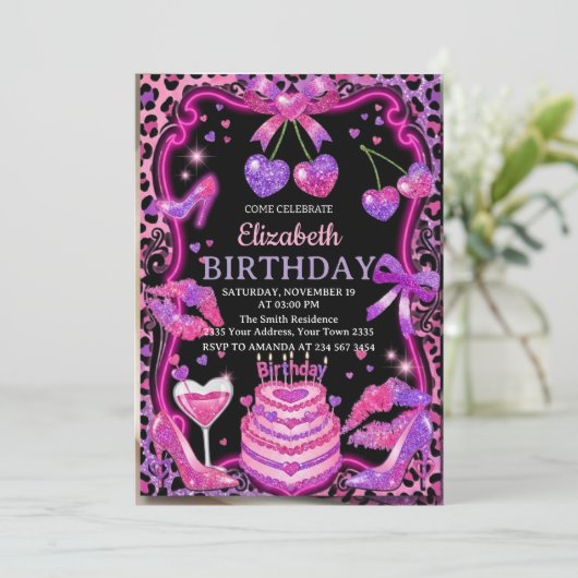 Invitation d'anniversaire Cerise Léopard Rose (Debout devant)