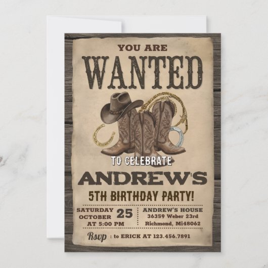 Invitation d'anniversaire chapeau de cowboy wester (Devant)