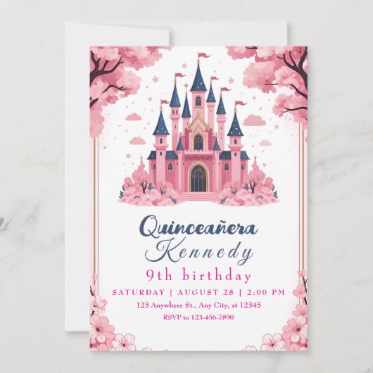 Invitation d'anniversaire Château de Princesse Ros (Devant)