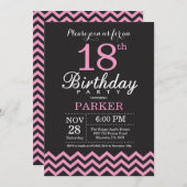 Invitation d'anniversaire Chevron noir et rose (Devant / Derrière)