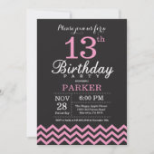 Invitation d'anniversaire Chevron noir et rose (Devant)