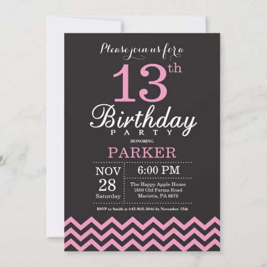 Invitation d'anniversaire Chevron noir et rose (Devant)