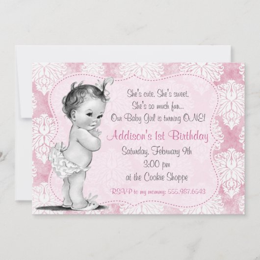 Invitation d'anniversaire Chic Damask pour la peti (Devant)