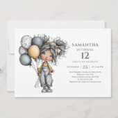 Invitation d'anniversaire chic moderne fille noir (Devant)