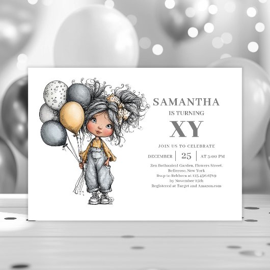 Invitation d'anniversaire chic moderne fille noir