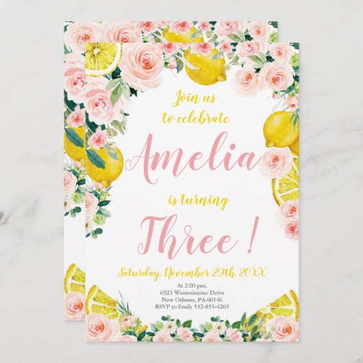 Invitation d'anniversaire citron, 3e anniversaire (Devant / Derrière)