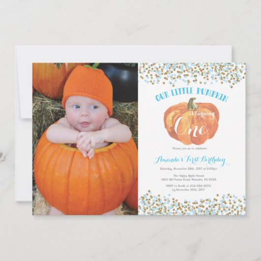 Invitation d'anniversaire citrouille Bleu et or (Devant)