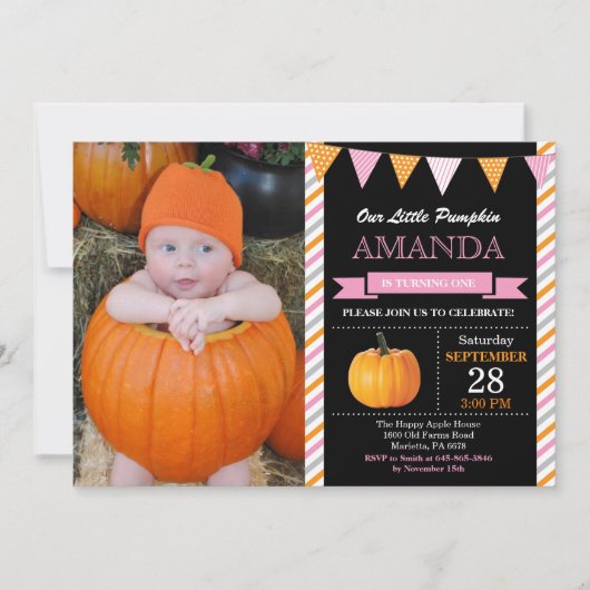 Invitation d'anniversaire Citrouille fille orange (Devant)